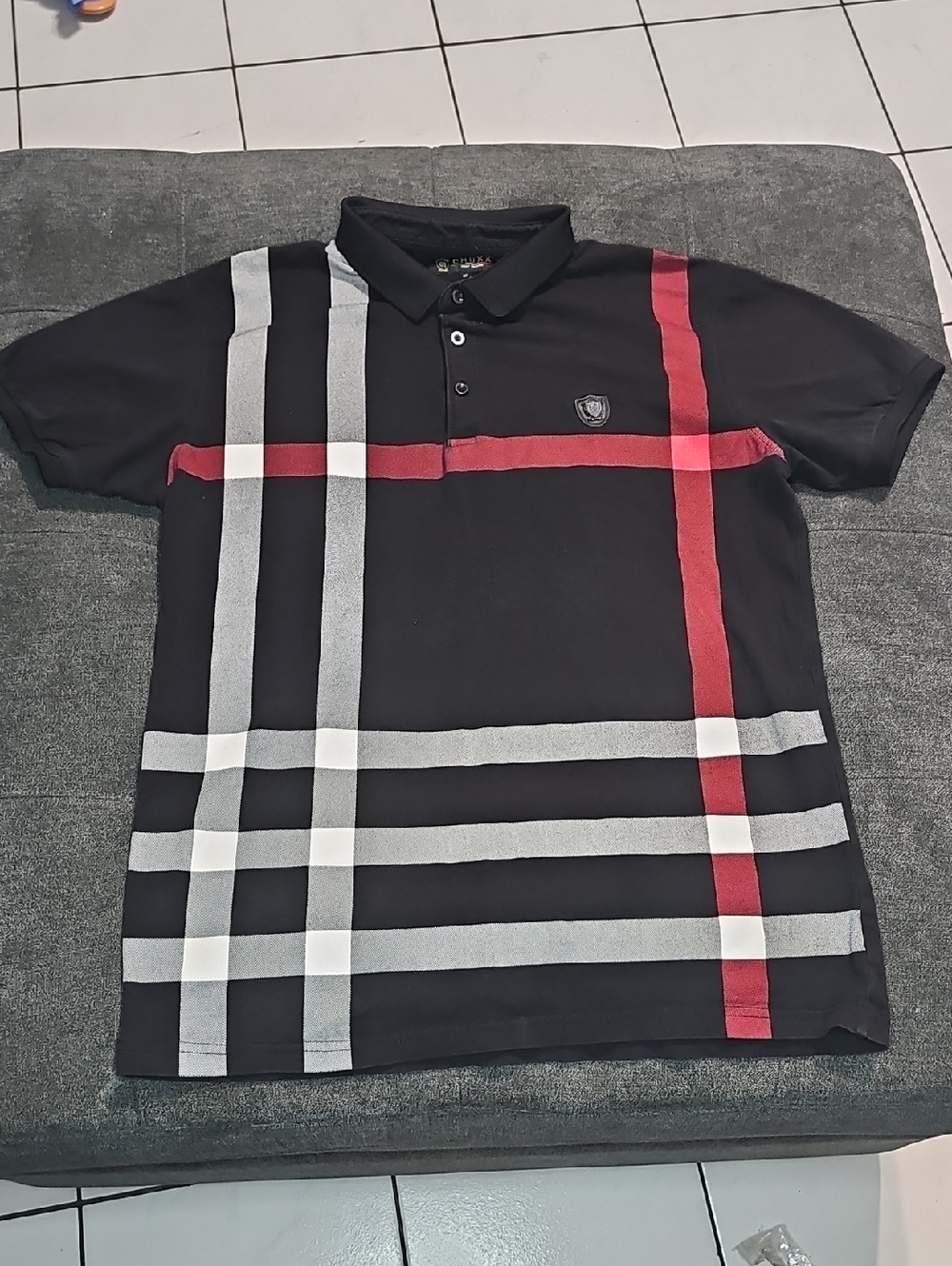 Men's Black Polo with Red & Gray Plaid Accent